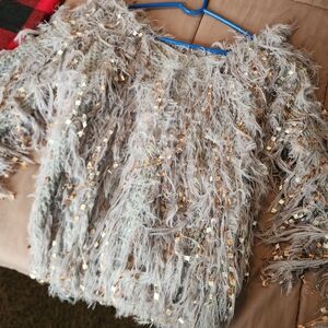 Gray and Gold Sequin Feather Sweater